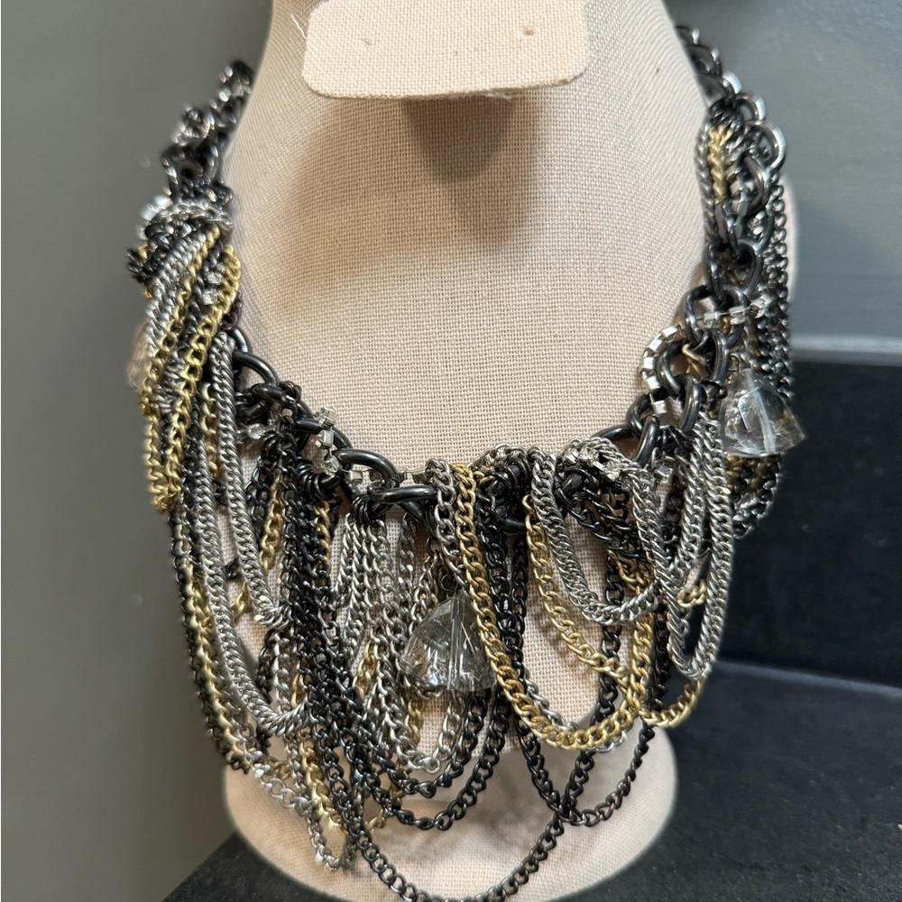 Gold and Silver Multi-Layer Statement Necklace with Crystal Elements